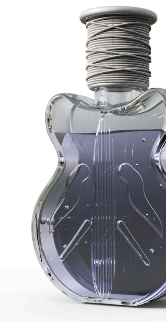 A glass perfume bottle shaped like a guitar with a wound string cap