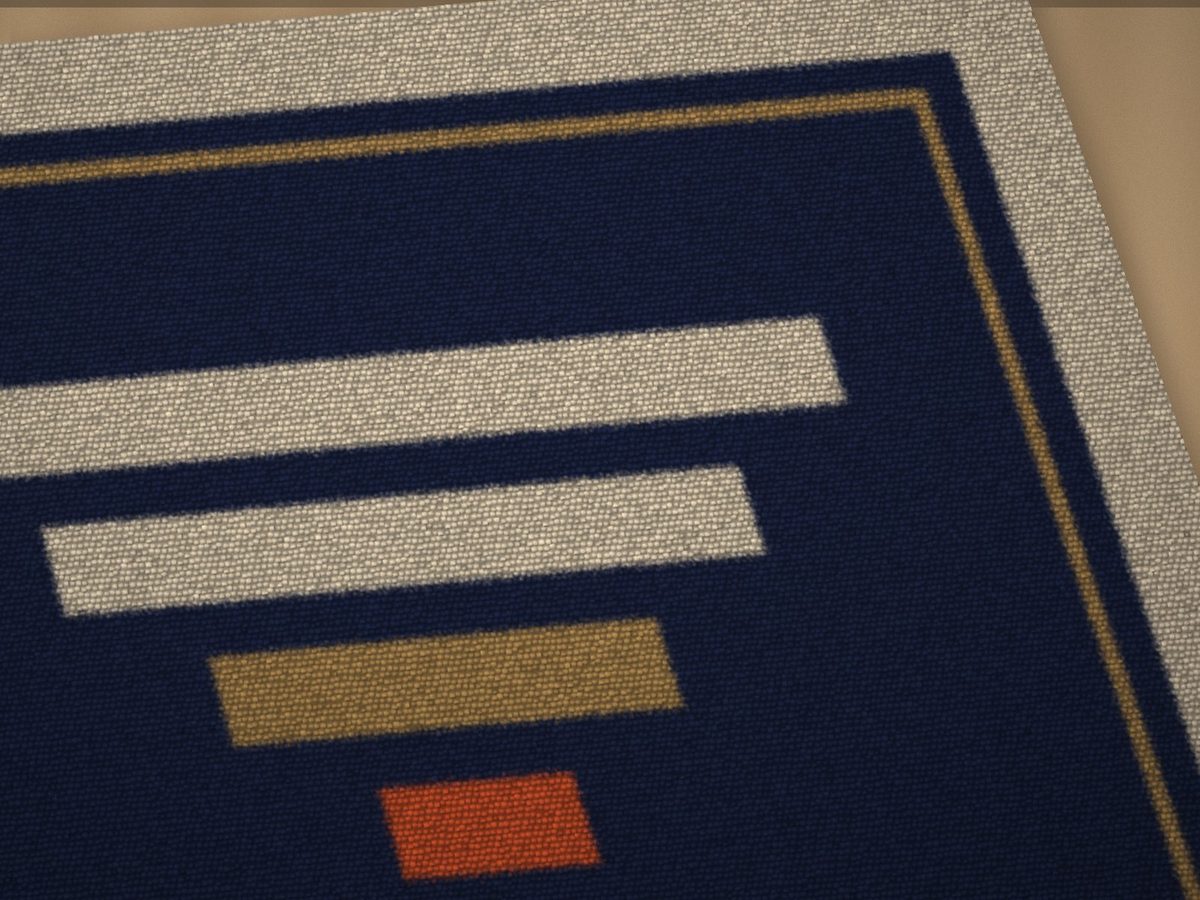 Concept render of a custom loop-pile rug in navy, linen, brass and orange