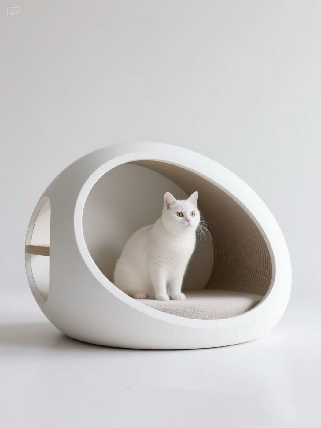 A white sculpted pet bed with a cat resting inside