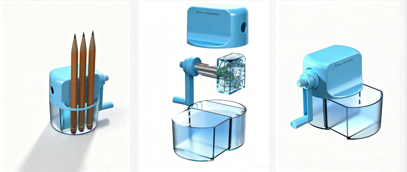 Clear blue pencil sharpener with pencils, shown in three views