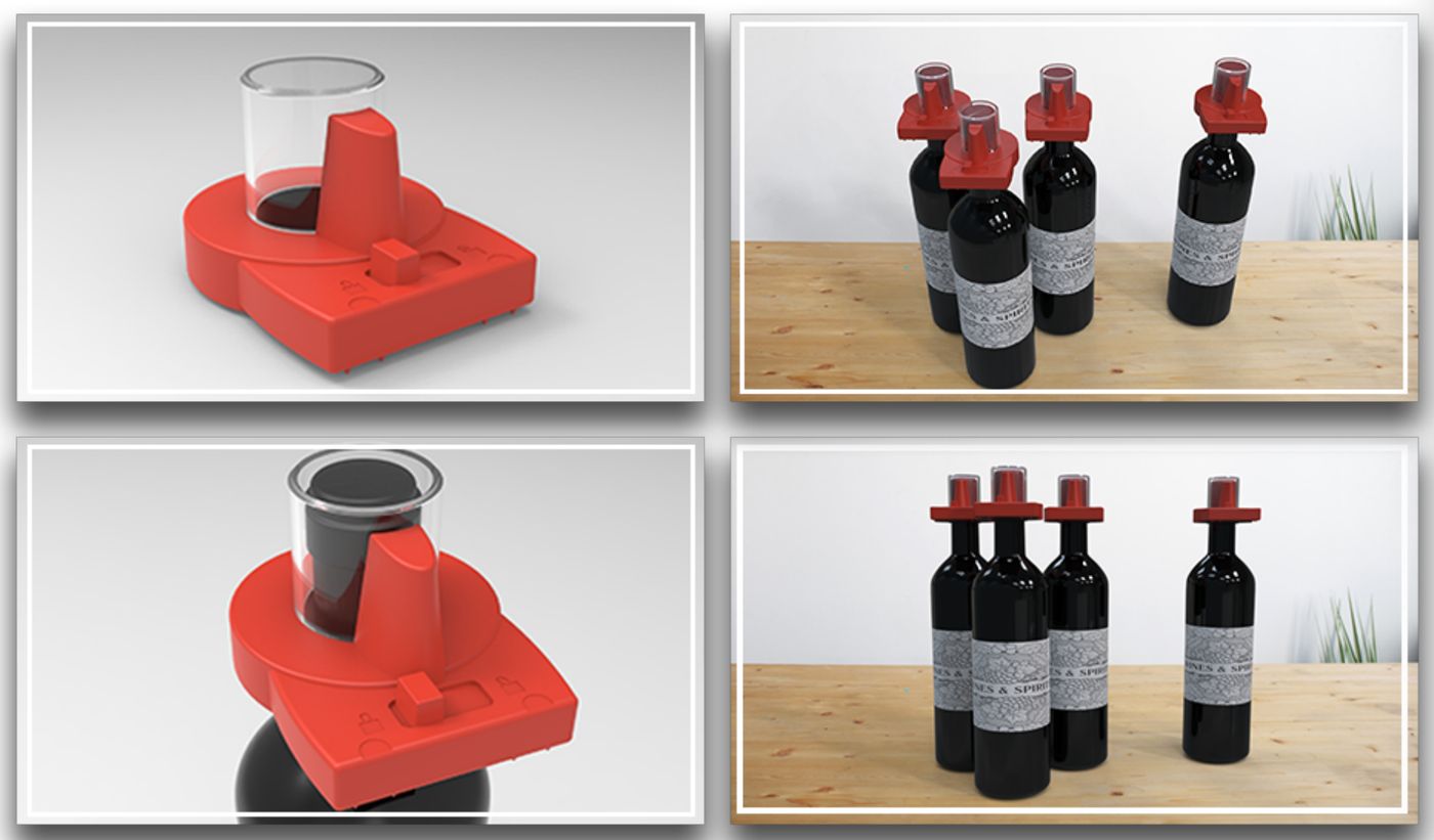 Red wine-bottle security device shown on bottles