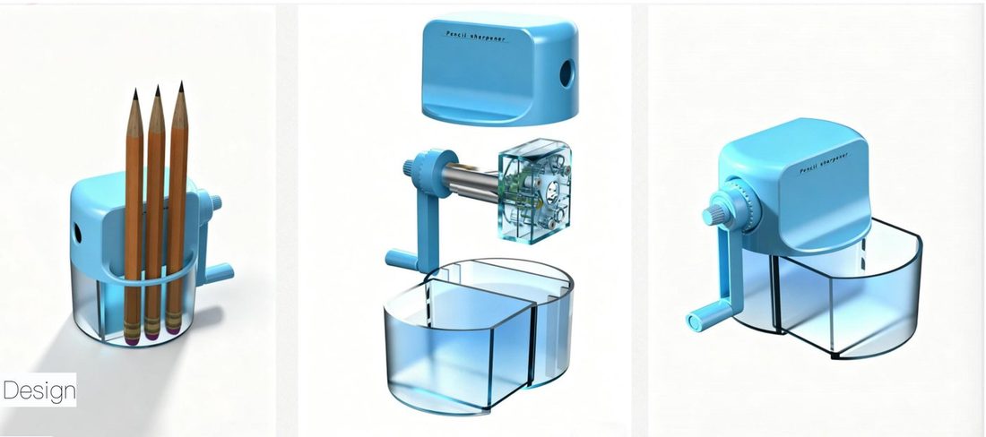 Three views: in use with pencils, exploded mechanism, and the assembled sharpener.